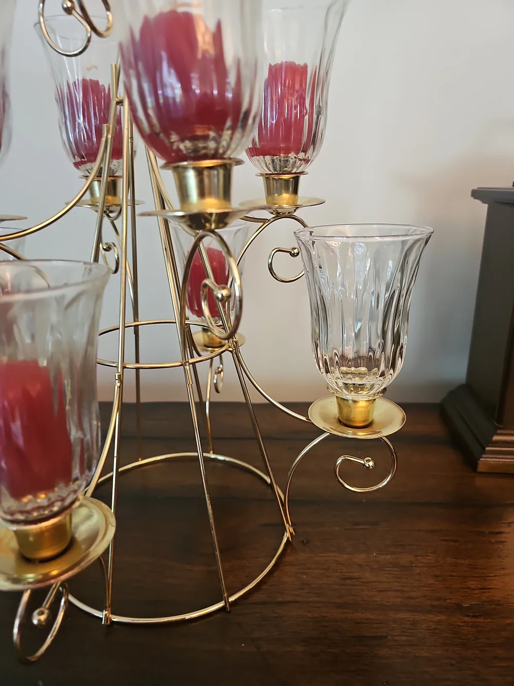 Home Interiors Gold Multi-Tier Candle Candelabra with Red Candles & Glass Shades